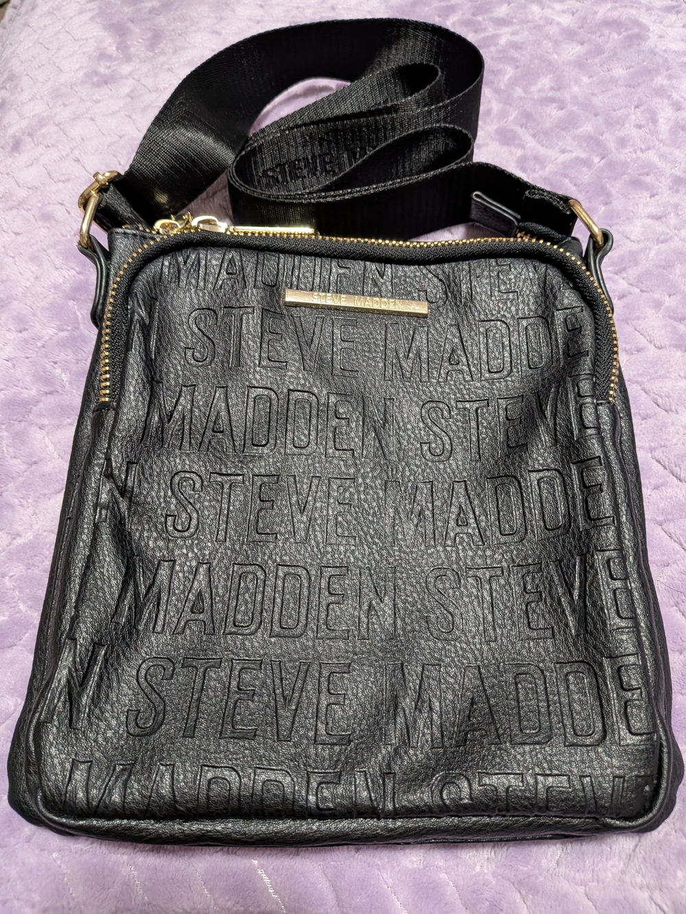Steve Madden Black Embossed Logo Crossbody with Gold Accents